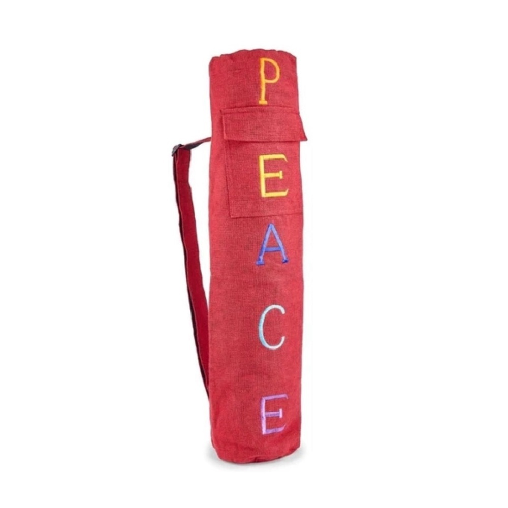 Red Woven Yoga Mat Bag with Peace Embroidery
